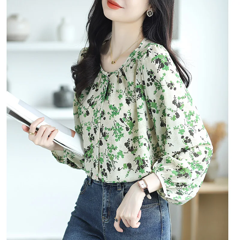 Autumn New Chic Print Long Sleeve Chiffon Shirt Women Clothing Casual Loose O-neck Button Blouses All-match Elegant Sweet Tops