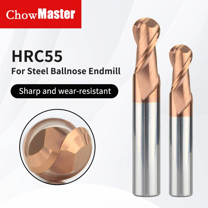 ChowMaster HRC55 2F Coated Ball Nose Carbide End Mill for Steel Tungsten Steel Milling Cutter CNC Machine Tools