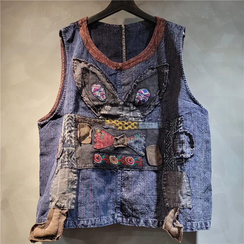 WTHT moda mujer pesado industy bordado Patchwork chaleco estampado Vintage elástico pantalones de cintura alta mujer 2025 verano 1LS1611