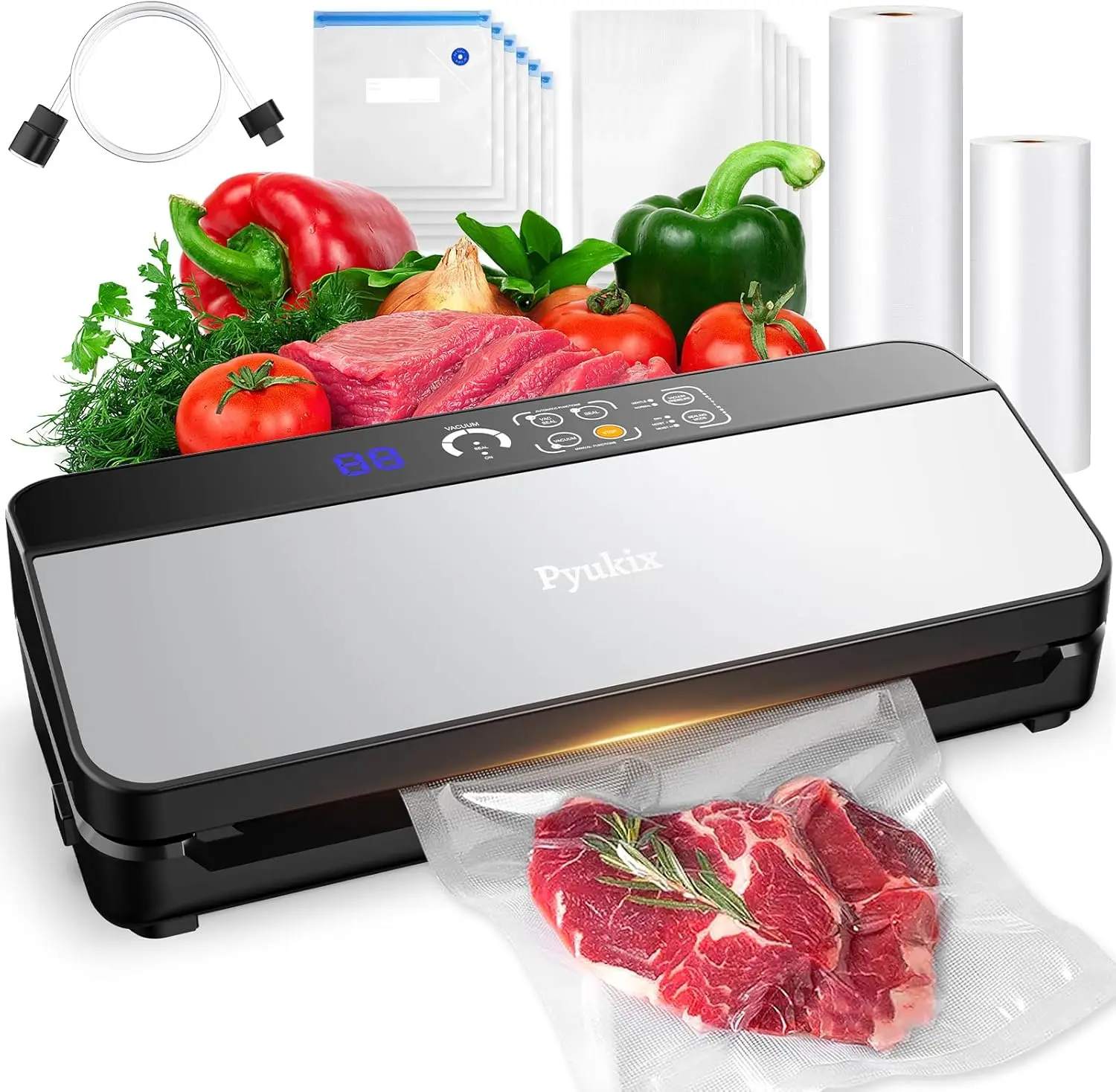 

80KPA Vacuum Sealer, 8-in-1 Food Sealer with Dry/Moist Modes, Built-in Cutter & Storage, 12" Sealing Strip, Includes Bags & Hose
