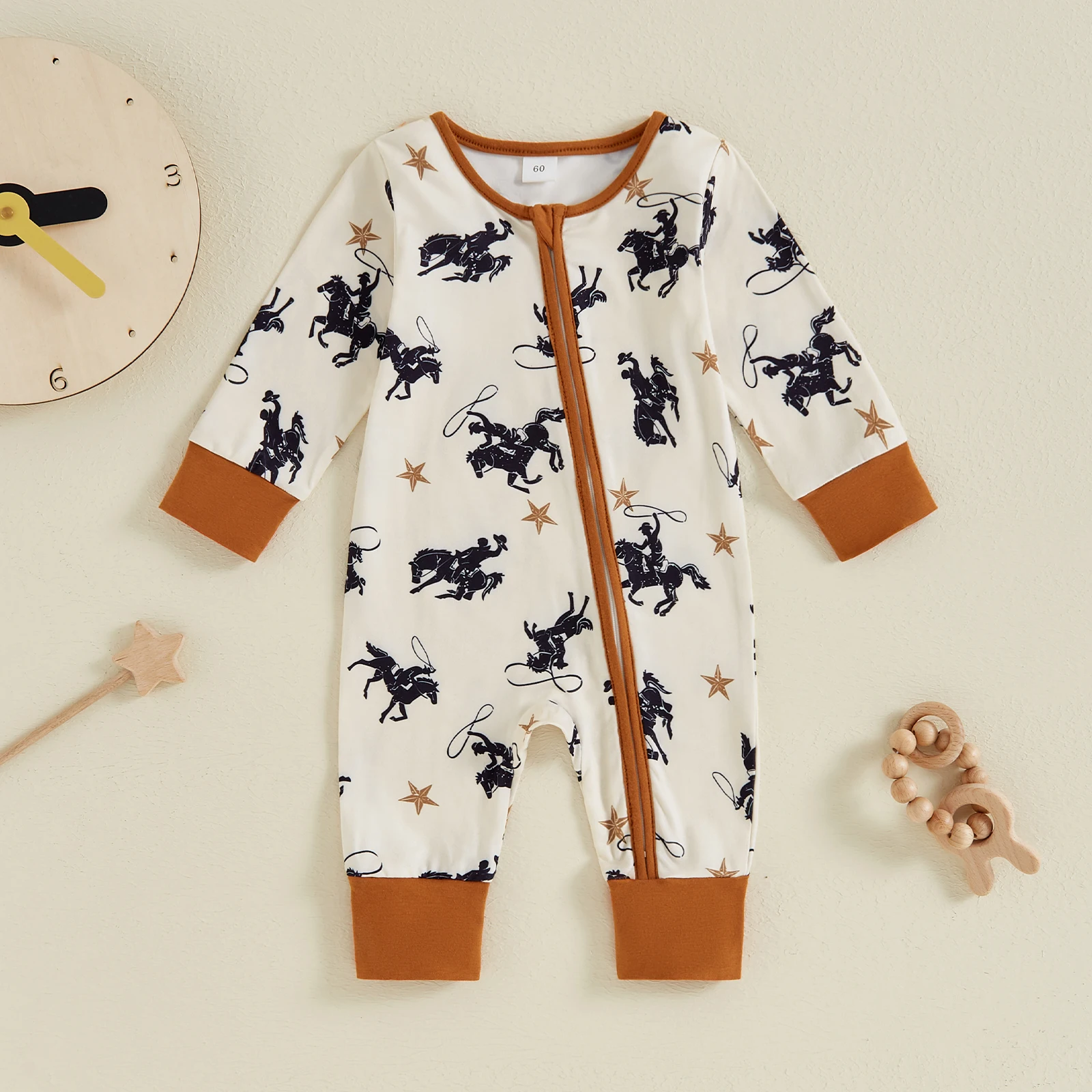 Baby Boy Zipper Romper Casual Western Cowboy Print Long Sleeve Jumpsuit for Infant Toddler Fall Outfit