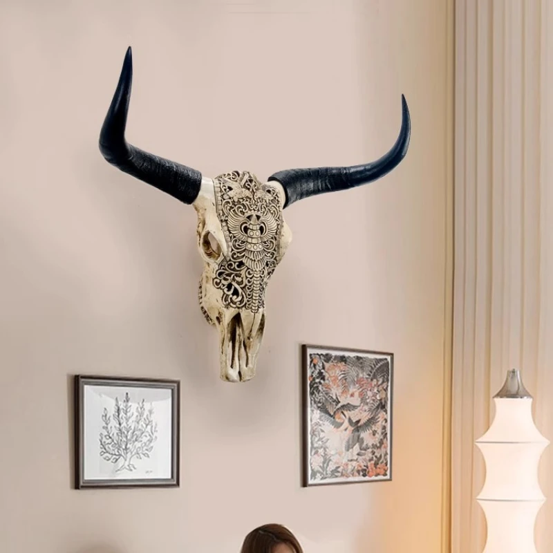 Resin Bull Head Wall Decoration Retro Faux Animal Sculpture Lifelike Living Room Wall Art TV Background Restaurant Wall Accent