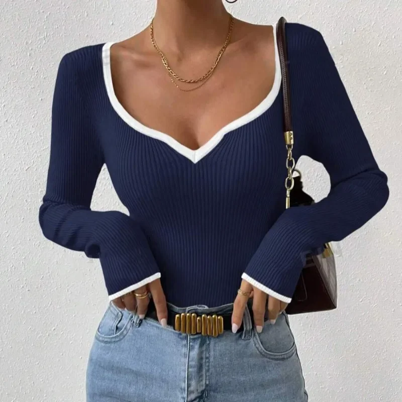 Women's Fashion V-neck Striped Contrasting Knitted Top Temperament Commuting Autumn New Women Casual Slim Pullover Sweater