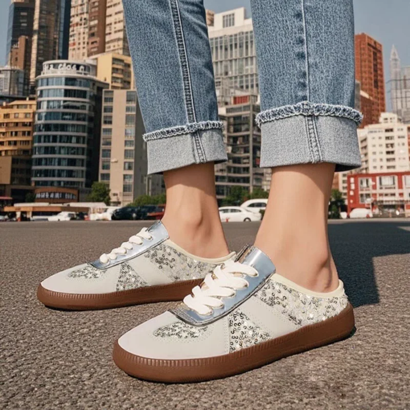 

Весенне-осенние легкие нескользящие туфли на плоской подошве со шнуровкой, новые модные удобные повседневные тапочки с круглой головкой и сексуальными блестками для женщин