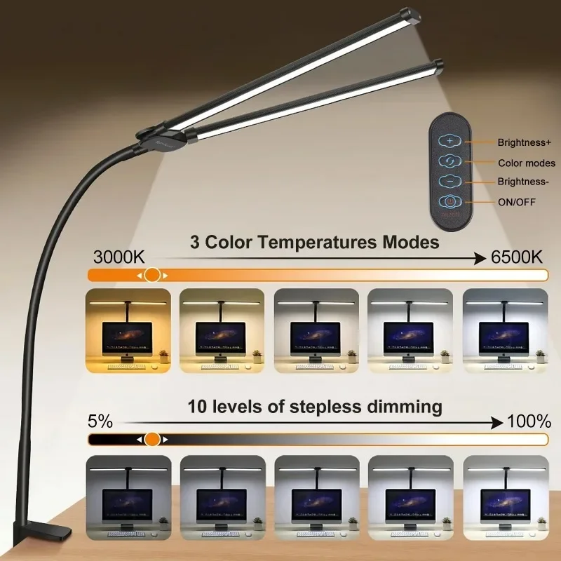 Cabeça dupla led lâmpada de mesa flexível tubo pescoço de ganso com clipe luz de preenchimento 10 níveis ajustável proteção para os olhos lâmpada de mesa luz