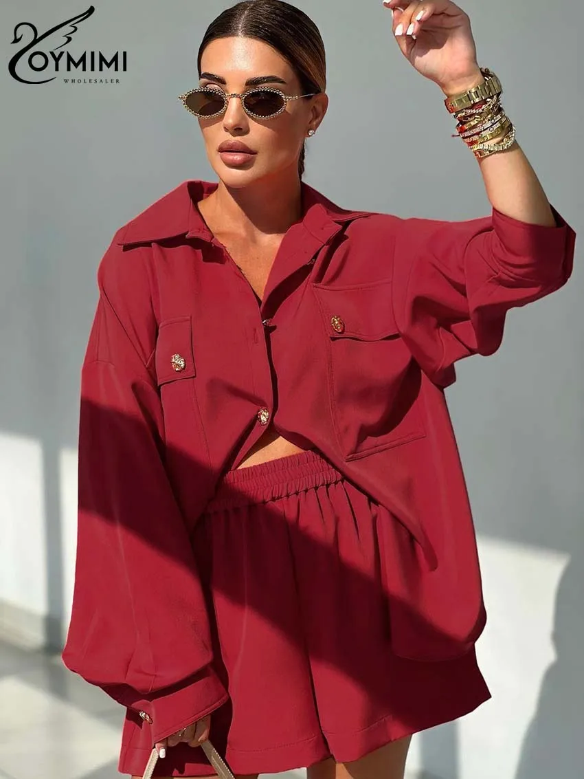 Oymimi Casual Yellow 2 Piece Sets Women Outfit Fashion Long Sleeve Pockets Button Shirts And High Waisted Simple Shorts Sets