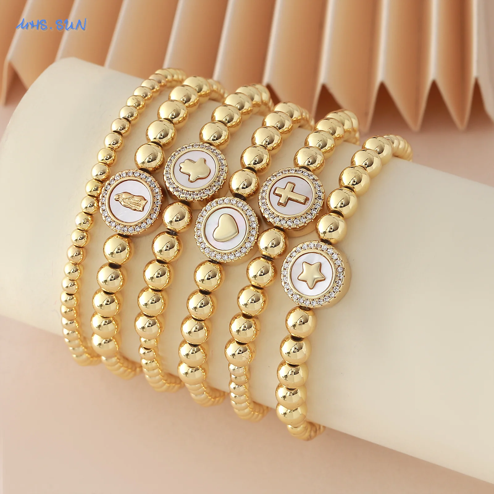 

MHS.SUN Heart/Cross/Star Charm Stretch Bracelets Gold Plated 6MM Metal Beaded Bracelet Versatile Daily Jewelry For Women Men