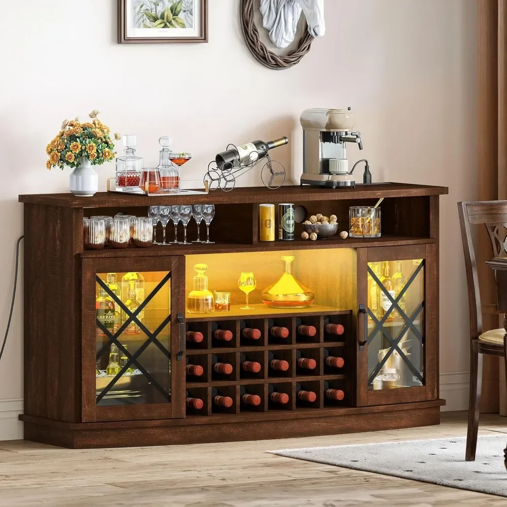 

Wine Cabinet.Wine Bar Cabinet with Charging Station, 58'' Large Wine Cabinet w/Storage, Tempered Glass Doors, Adjustable Shelf,