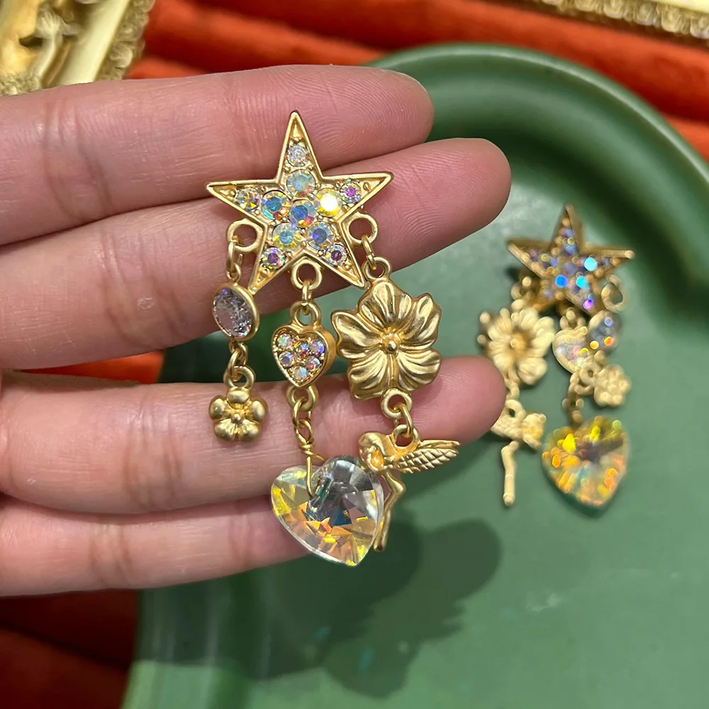 Medieval vintage pentagram flower light luxury high-end earrings retro gold earrings
