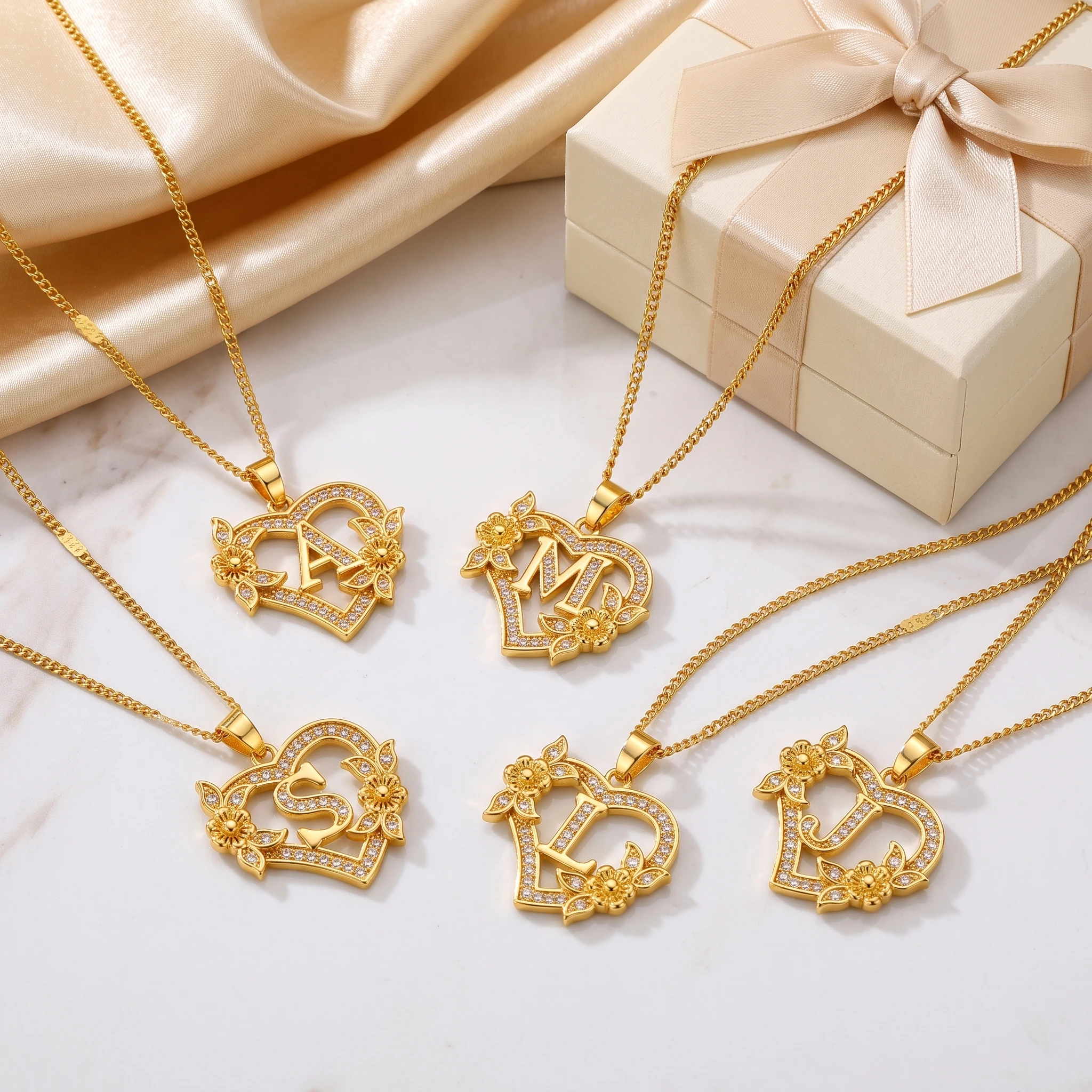 Collares con iniciales de corazón y flor de circón para mujer, Collar de cadena con letras de Color dorado para amantes del corazón de acero inoxidable, joyería