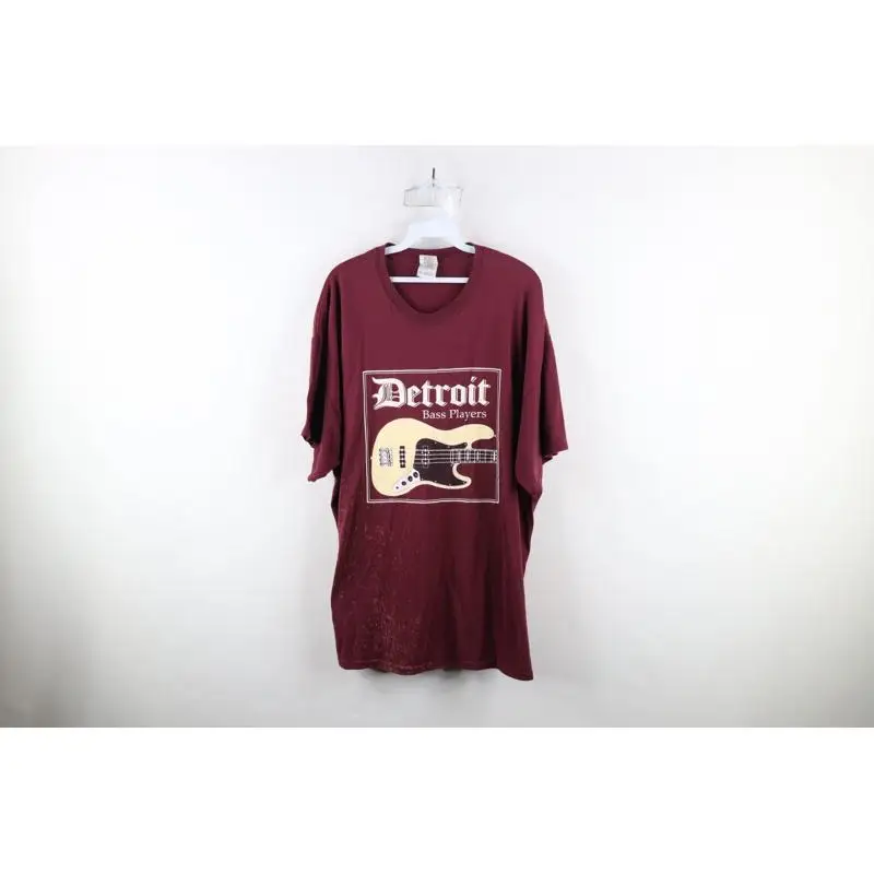 Vtg Mens 2XL Thrashed Spell Out Detroit Bass Players Guitar Short Sleeve T-Shirt
