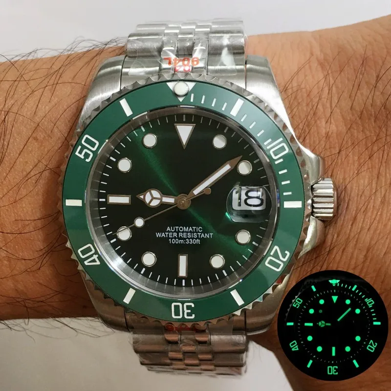 BLIGER Relógio Mecânico Mergulho Masculino, Vidro Safira Mostrador Verde, Moldura Cerâmica Luminosa, Pulseira de Prata 904L NH35A, 40mm