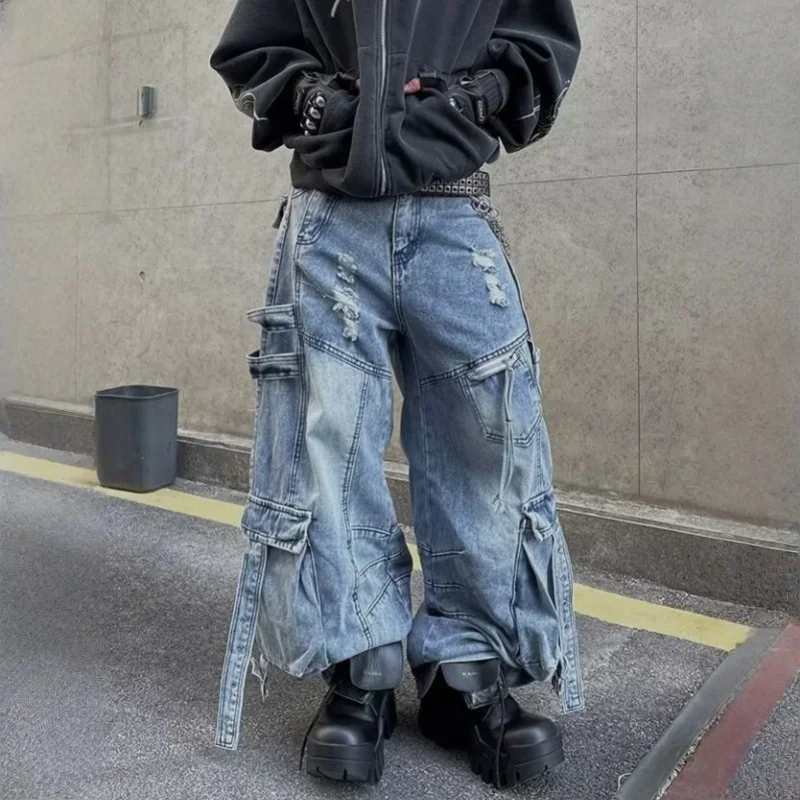 2025 سايبر Y2K الشارع الشهير غسلها الأزرق فضفاض ممزق البضائع الجينز السراويل للرجال الملابس واسعة الساق خمر فضفاض الشرير سراويل جينز #3