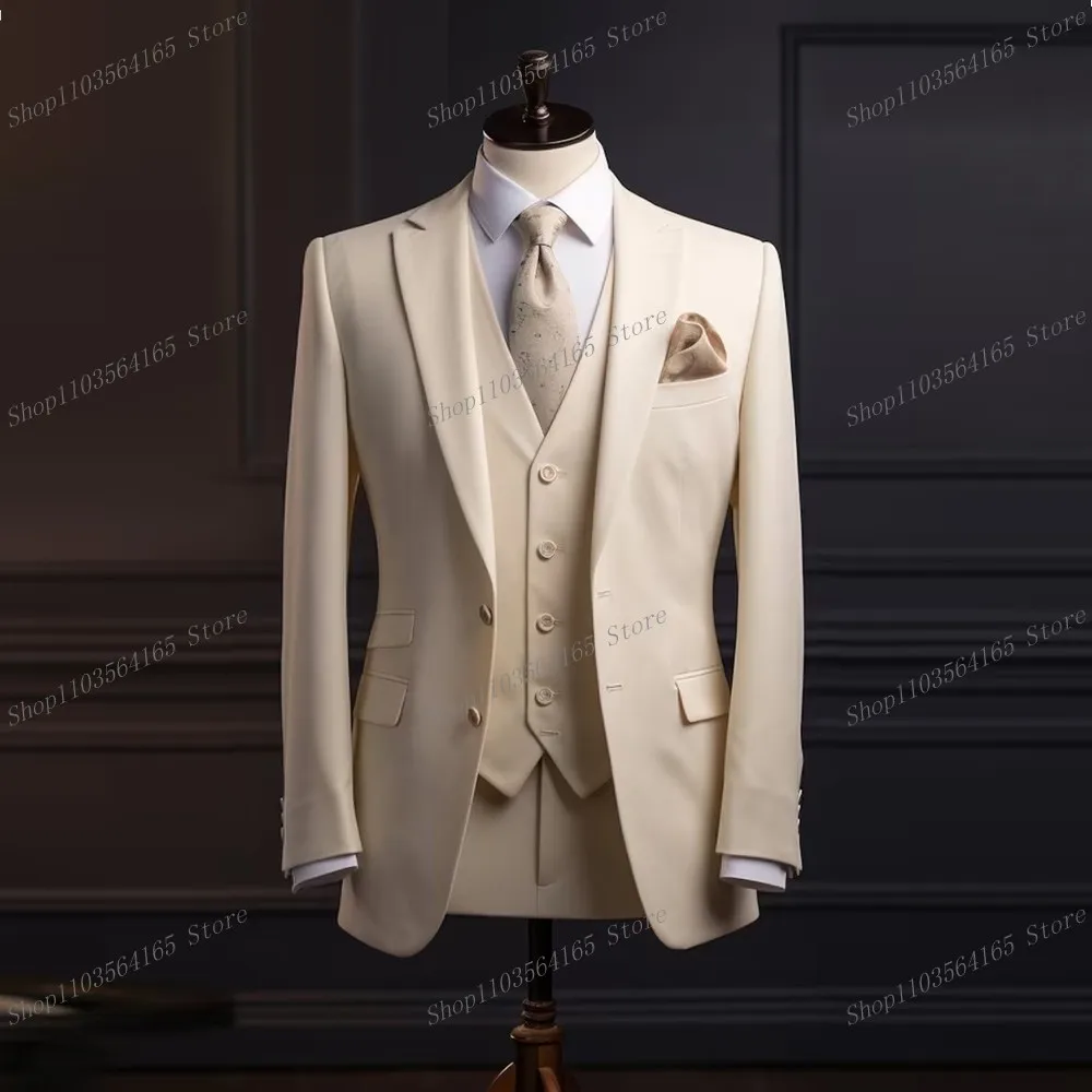 

New Champagne Men Suits Formal Occasion Groom Groomsman Wedding Party Prom Business Male Tuxedos 3 Piece Set Blazer Vest Pants