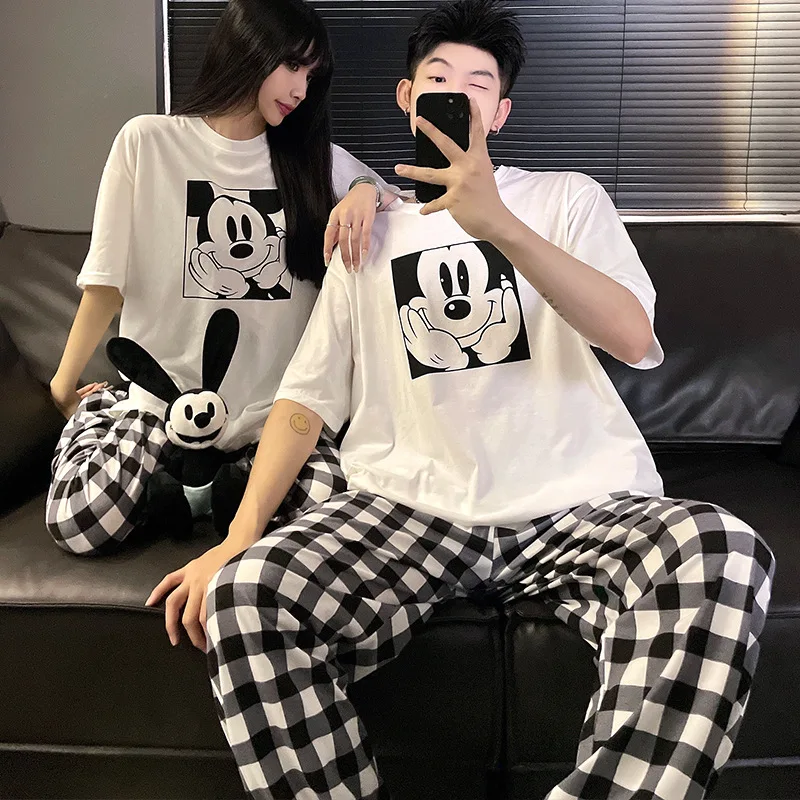 New men\'s couple pajamas summer round neck short-sleeved trousers loose casual cartoon cute loungewear suit can be worn outside