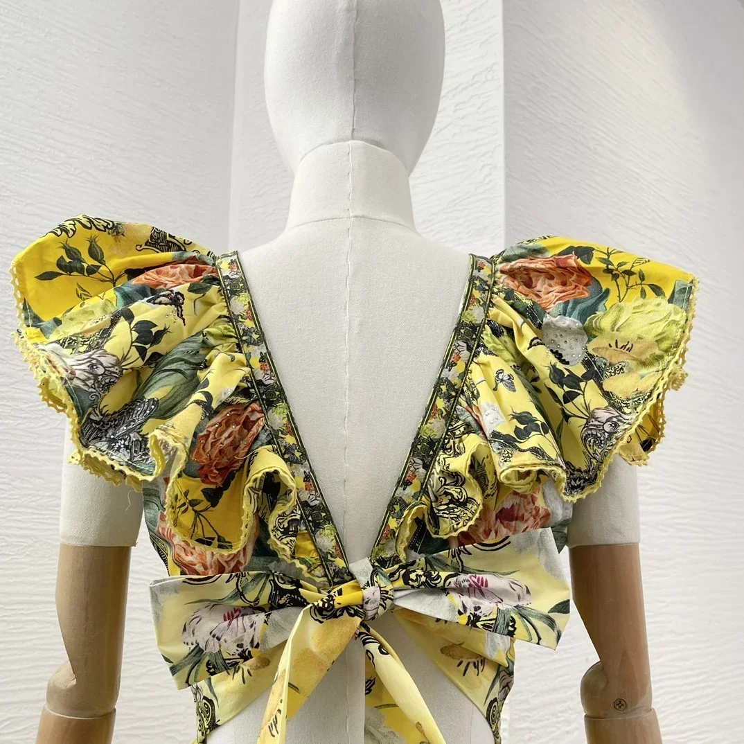 Mini robes à imprimé floral jaune pour femmes, sans manches, col en V, diamants, volants PMurcia, taille découpée, robes pour les vacances, nouveau, 2024