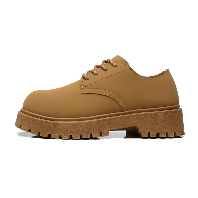 Men's British Low-Top Yellow Derby Work Boots Big Round Toe Chunky Sole Leather Shoes Durable Non-Slip Casual Comfort Footwear