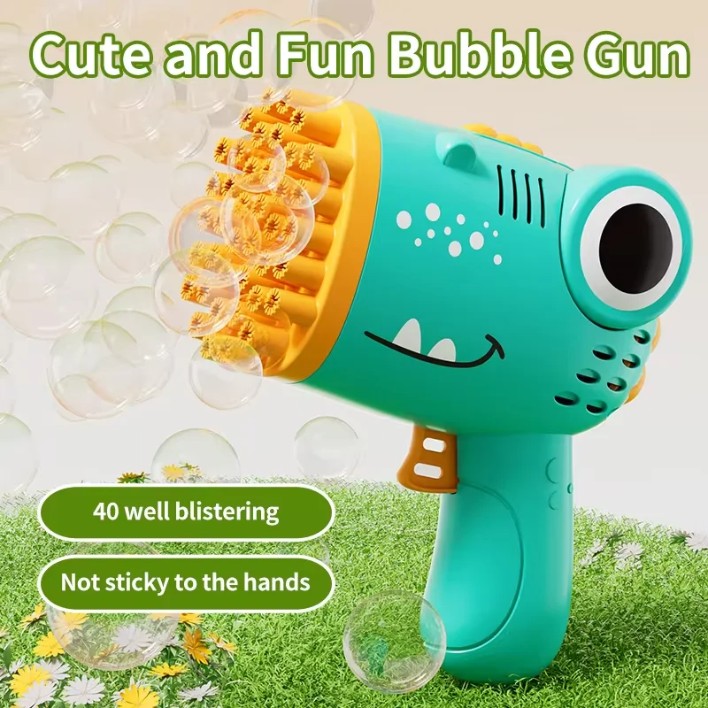 Handheld Dinosaur Bubble Gun for Kids, máquina de bolhas totalmente automática, presente sem bateria e água bolha, 40 buracos