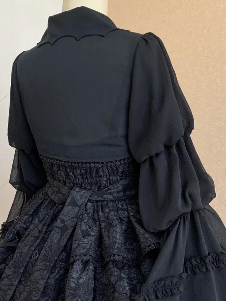 Gothic Lolita Cardigan Bluse Frauen lose Puff ärmel Spitze Patchwork schwarz kurz geschnittene Hemden japanische Harajuku alle Match Capes Top