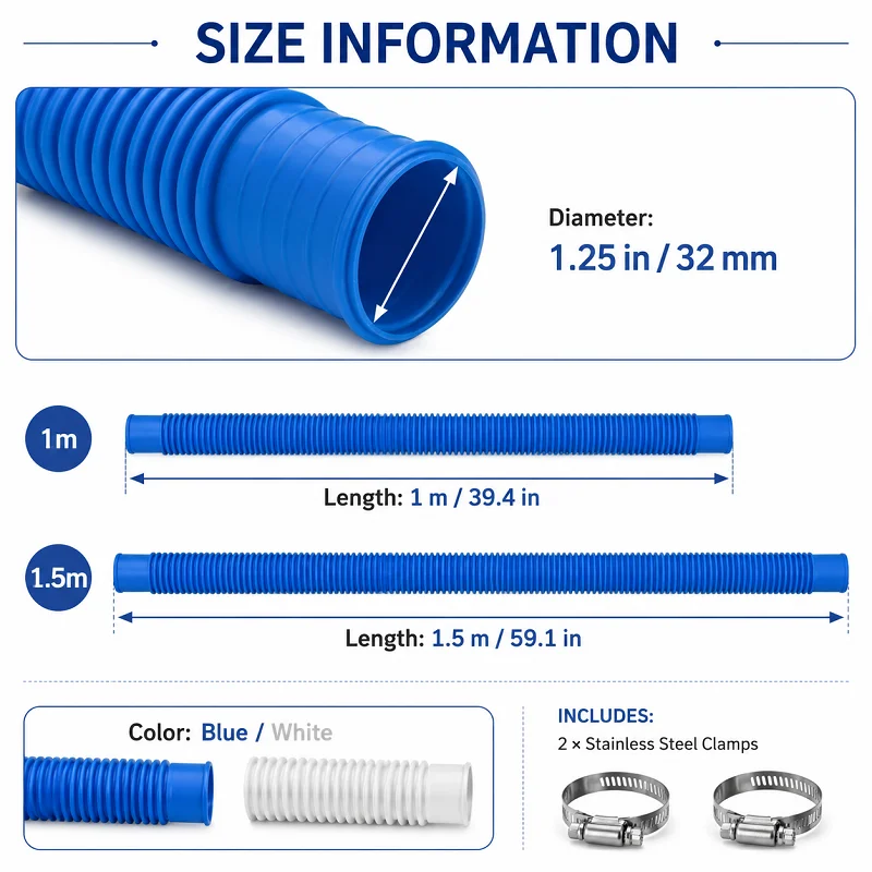 1/2PCS 32mm Pool Pump Hose 1m 1.5m with Clamps, 1-1/4 Inch Replacement Tube for Intex Above Ground Swimming Pool Accessories