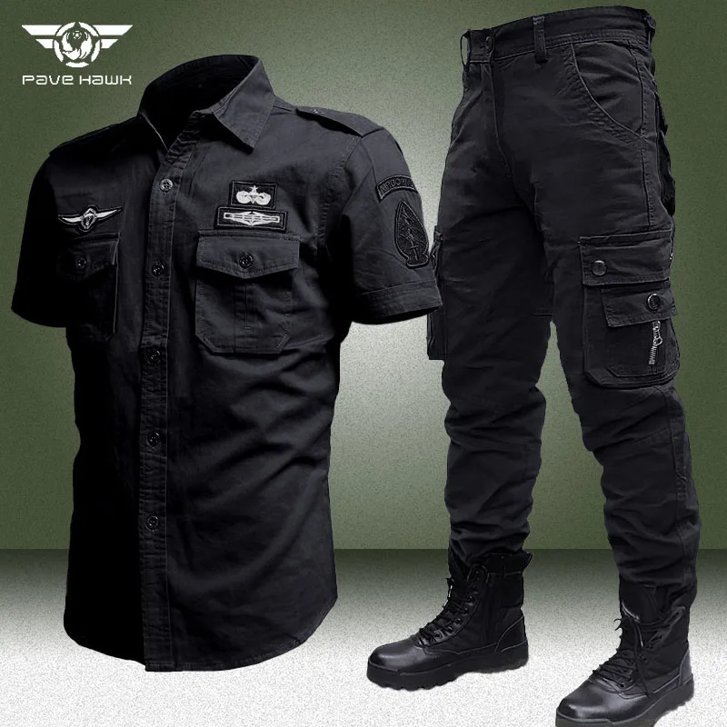 Big Size 6XL Bomber Sets Men Military Cargo Shirts+Multi-pocket Combat Pants 2 Piece Set New Summer Army Flight Tactical Shirt