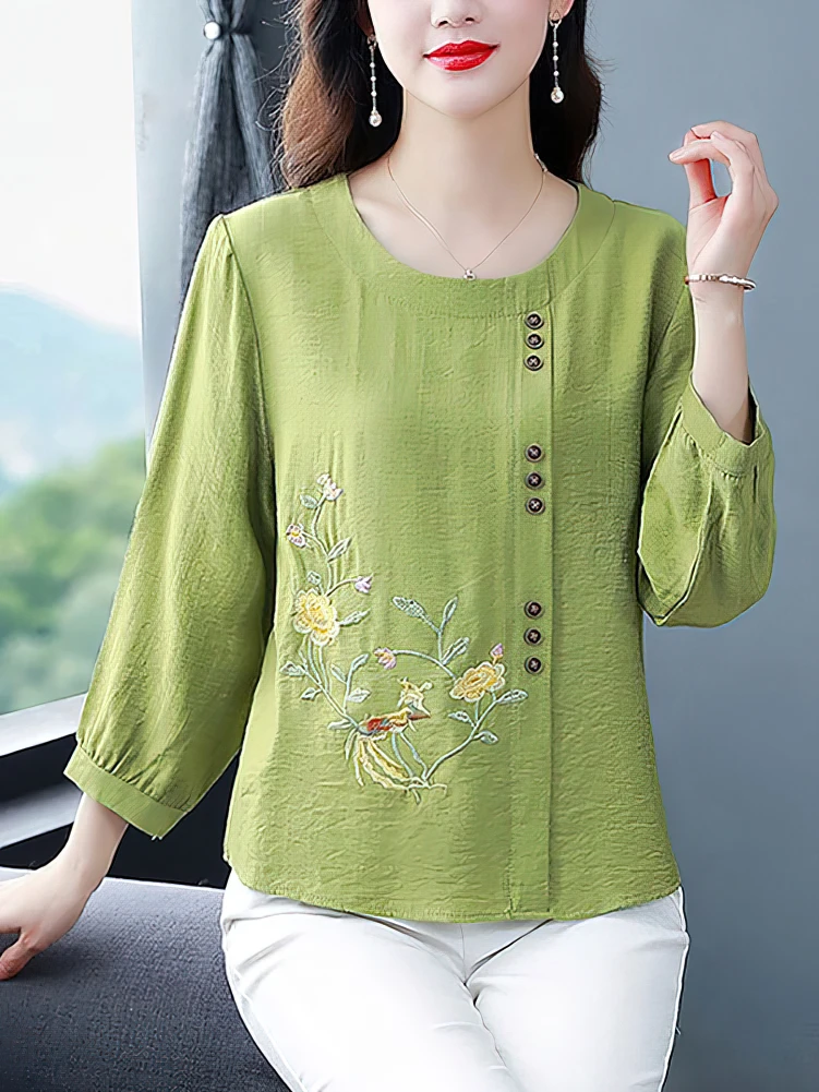 

Middle Aged Casual Embroidery Cotton Linen Shirt Women Front Button 3/4 Sleeve Spring Autumn Elegant Ladies Blouses Plus Size