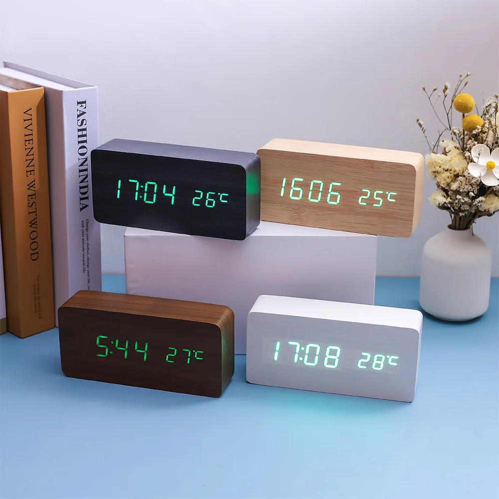 Multicolor Sound Control Wooden Wood Square LED Alarm Clock Desktop Table Digital Thermometer Wood USB/AAA Date Display
