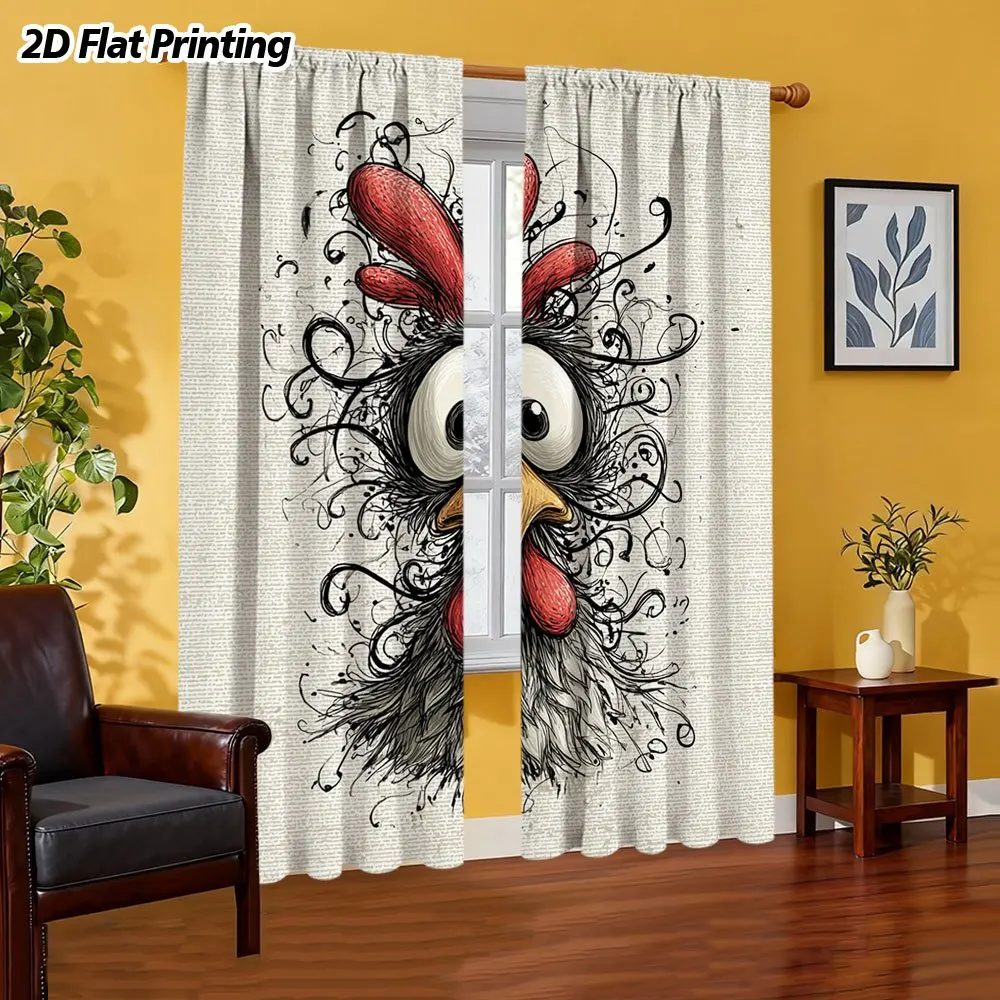 Funny Rooster Head Curtain, Black White Sketch Art Drape, Quirky Farm Animal Home Decor for Living Room Kitchen Window Treatment