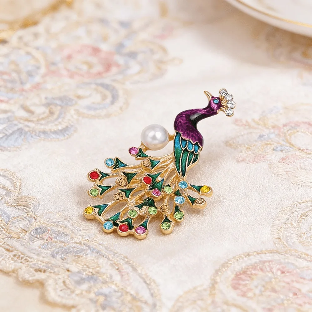 Vintage Ethnic Style Peacock Brooch for Women Enamel Inlaid Diamonds Animal Chest Flower Drip Oil Rhinestone Brooch Accessory view 2