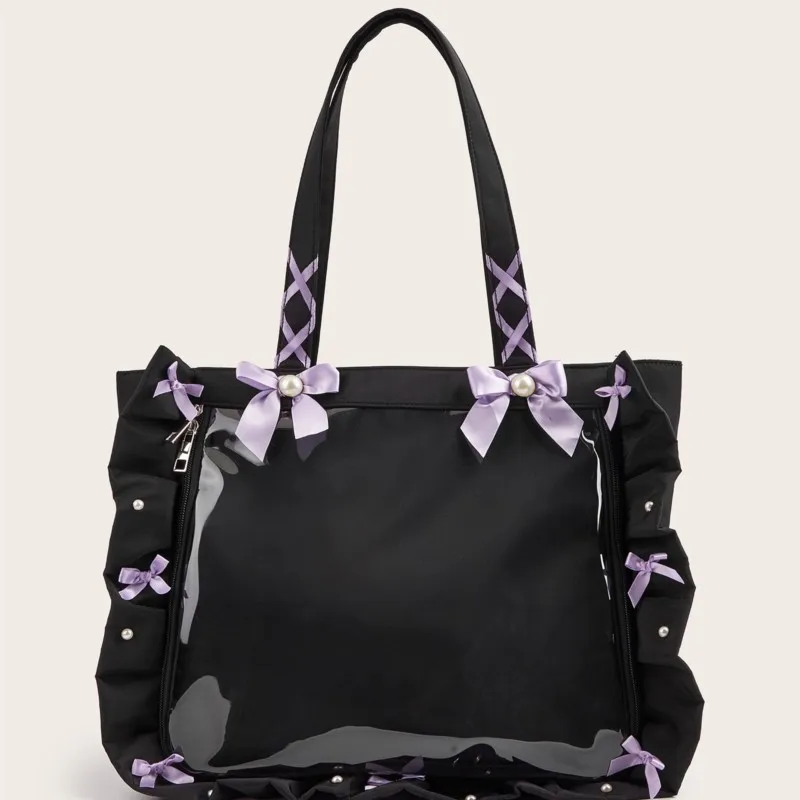 Japanese Ruffled Ribbon Bow Ita Bag Women Sweet Cute Multifunctional Clear Shoulder Purse Ladies Anime Badge Spacious Tote Bag