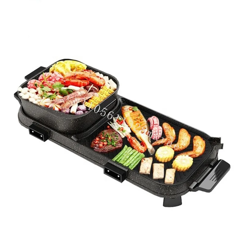 

New Electric BBQ Grill Smokeless Separate Hot Pot Indoor Table Non-stick BBQ Pot Rotary Chicken Machine Grill Power