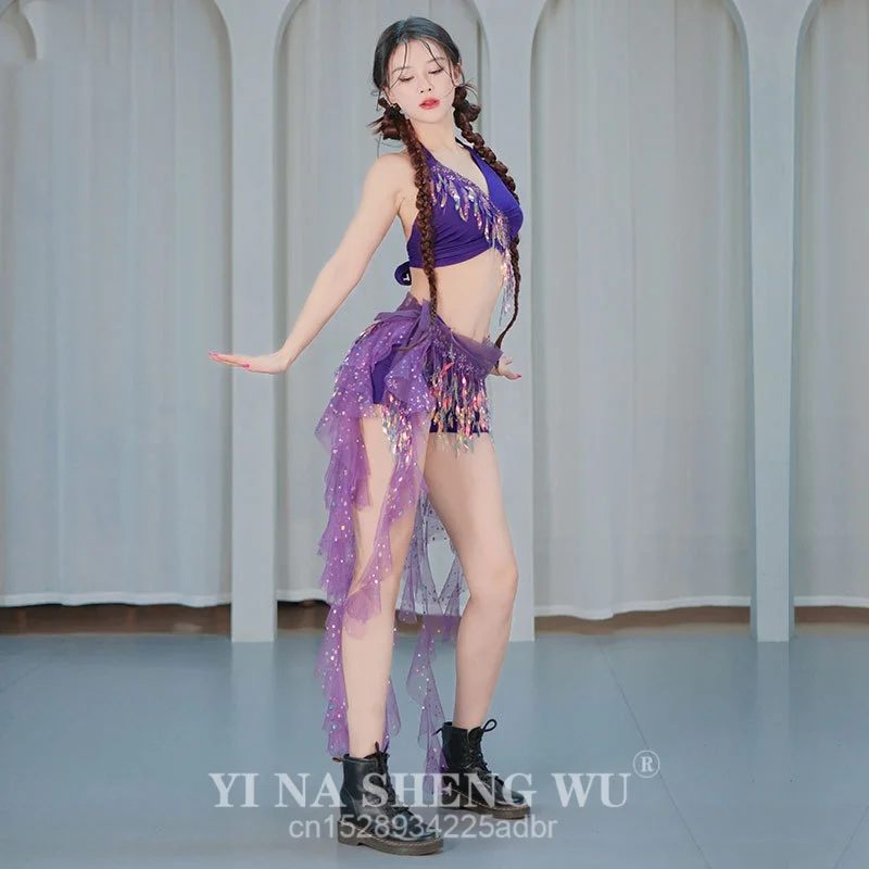 Conjunto de cinturón y sujetador con mariposa para danza del vientre, falda hasta la cadera con flecos de lentejuelas latinas, traje de fiesta Sexy con borlas puesta en escena