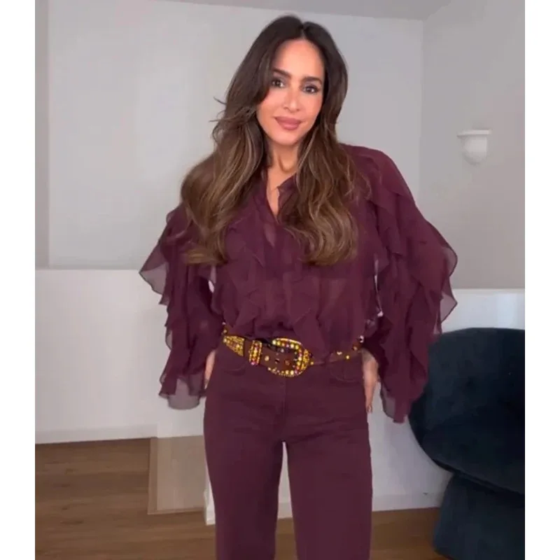 

V-neck Ruffle Design Women's Blouses 2026 Spring New Semi Sheer Casual Shirts for Lady Multi Color Long Sleeve Tops