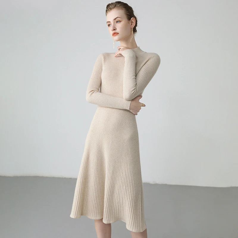 

Autumn Winter New High Elastic 100% Pure Cashmere Sweater Dress Warm Basic Knit Pullovers Women Slim Dress Female Casual Dresses