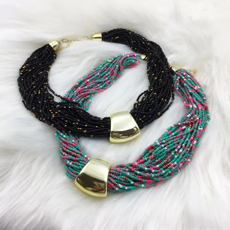 Bohemian Multi-Layered Beads Choker Necklace for Women Ethnic Girls Big Statement Fashion Jewelry Metal Clasp Necklace