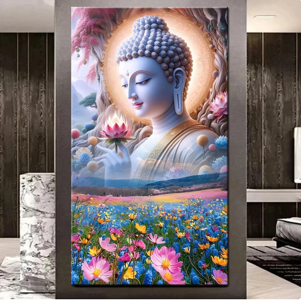 Large Size Buddha Lotus Flower Diamond Art Painting New Arrival Diamond Mosaic Full Sqaure Round Aurora Religious Home Decor