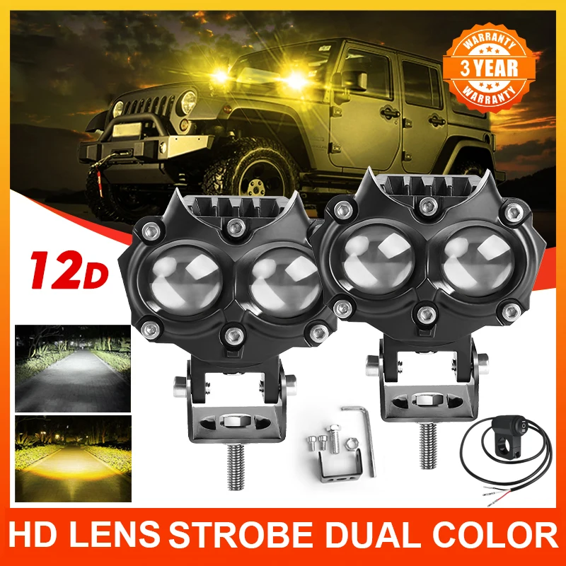 

HAOLIDE Led Work Light Dual Color Motorcycle Spotlights 6500K 3000K Driving Fog Lamp External Scooters SUV ATV Headlamps 12V 24V