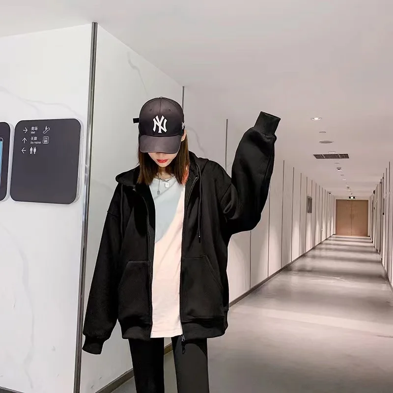 حجم كبير فضفاض سستة هوديس أسود بلون مقنعين بلوزات الموضة الكورية كم طويل جيوب الرباط CYXX086