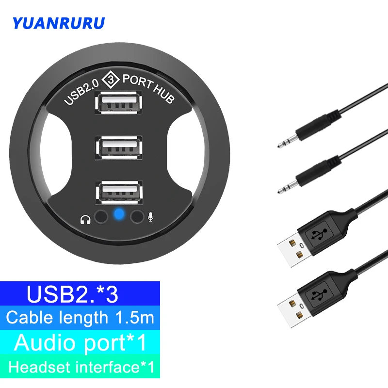 Usb hub usb 2.0 desktop grommet usb 2.0 hub pc acessórios de mesa de áudio adaptador montagem 3 portas montagem na mesa multi usb 2.0 portas