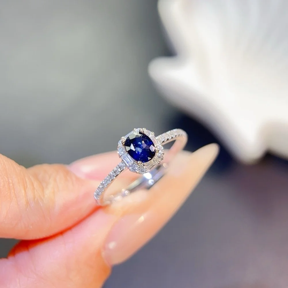 S925 4×5mm Sterling Silver Natural Sapphire Gemstone Ring for Women Fashion Healing Jewelry Stylish Accessory Sweet Gift