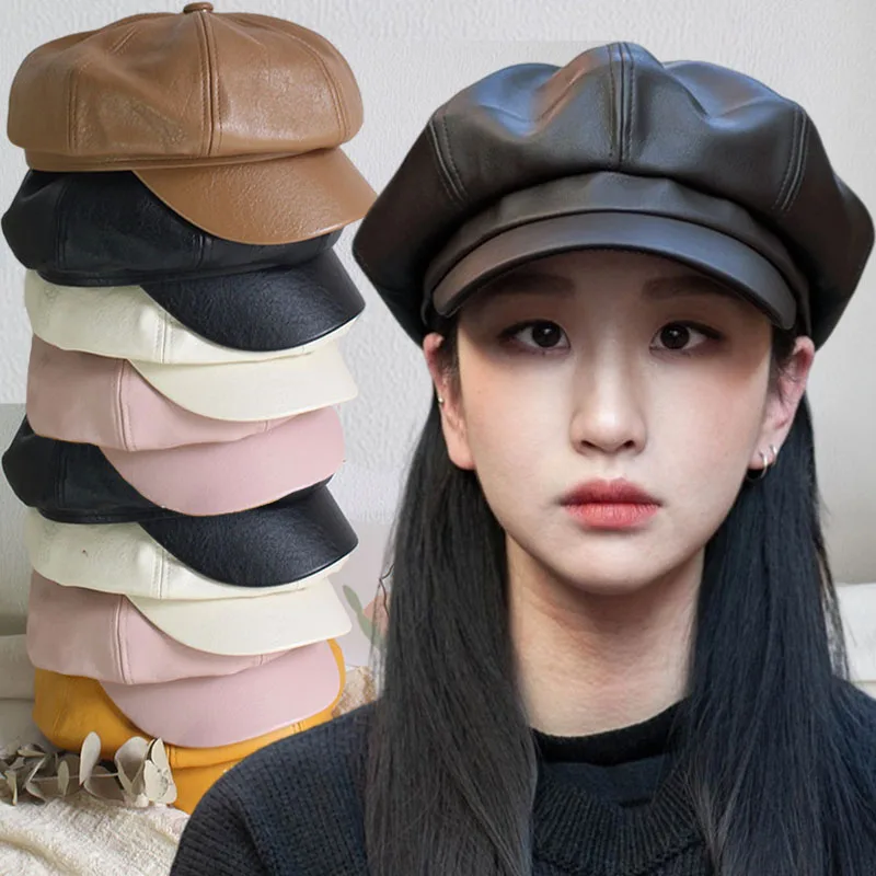 Fashion PU Leather Hats for Men Women Winter Warm Leather  Cap Female Korean Retro Octagonal Artist Painter Cabbie Beret