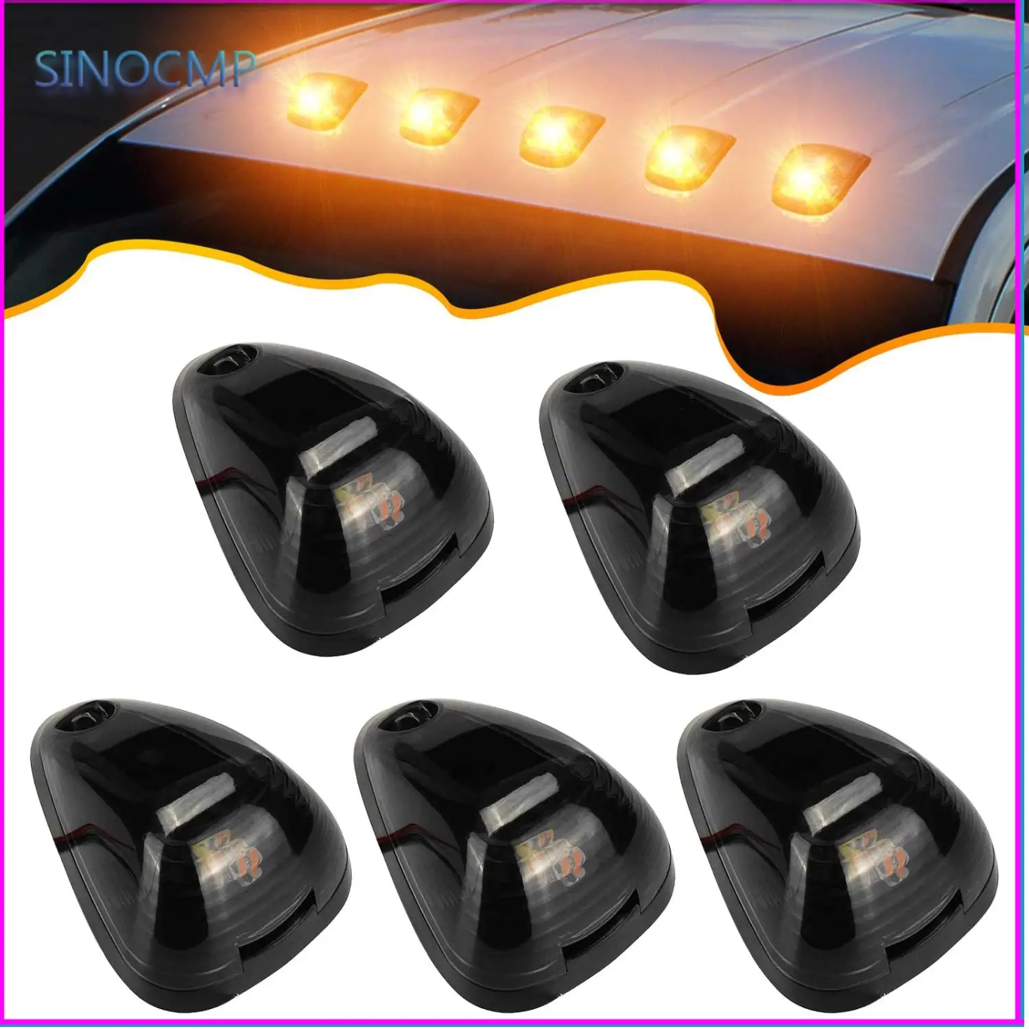 

5Pcs Car Smoke LED Cab Roof Lights For 99-16 Ford F-250 F-350 F450 Super Duty Dome Light Marker Amber Car Cab Roof Marker Lights