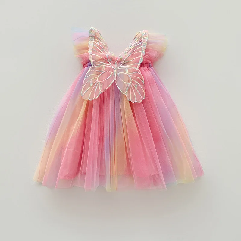 Girls Rainbow Color Sweet With Wings Summer New Flutter Sleeve Princess Tulle Tutu Dress Birthday Holiday Party Flowy Mesh Skirt