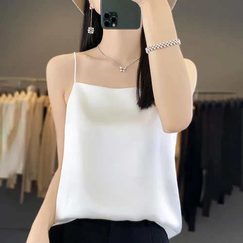 Top Sexy para mujer, ropa interior de corte bajo con cuello Halter, chaleco básico sin mangas de seda satinada, lencería sedosa cómoda y Sexy, Top Halter-D19