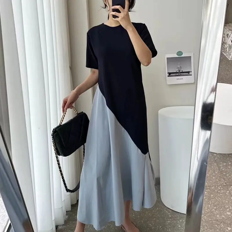 2025 صيف جديد كوريا فستان امرأة غير النظامية Vestidos رداء Elbise فضفاض حجم كبير المرقعة قصيرة الأكمام فستان طويل #2