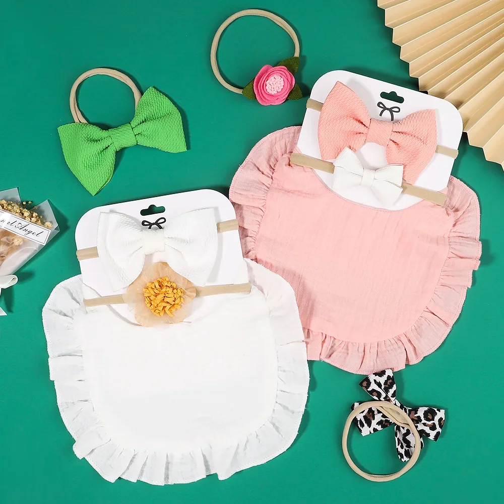 

3Pcs/Set Solid Muslin Cotton Baby Bow Headband Bib Set Boy Girl Feeding Drool Saliva Towel Burp Cloth Adjustable Infant Scarf