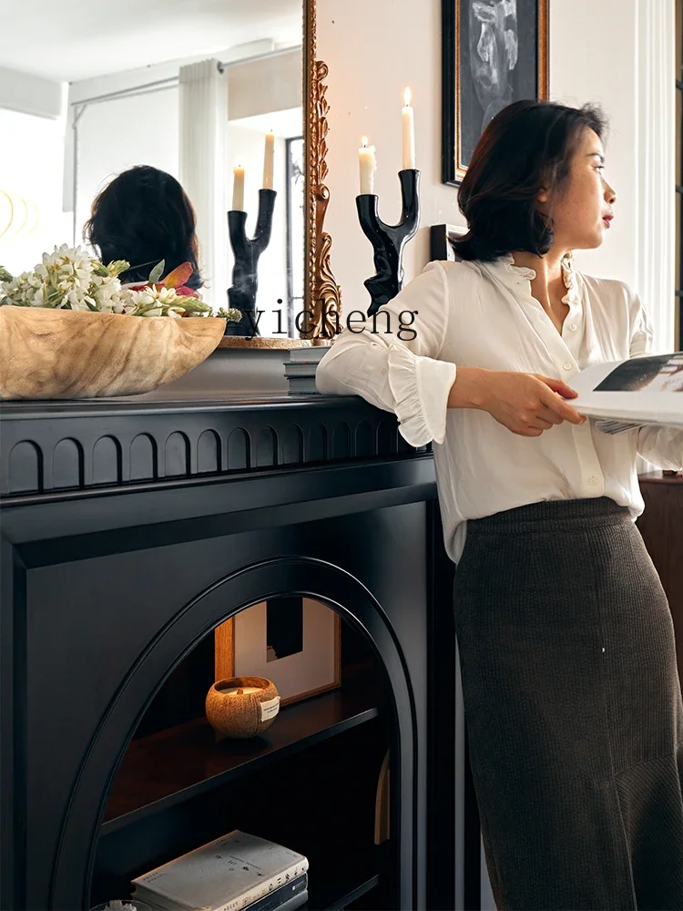 Retro Style Solid Wood Fireplace Black Curio Cabinet Living Room Entrance Cabinet Side Cabinet