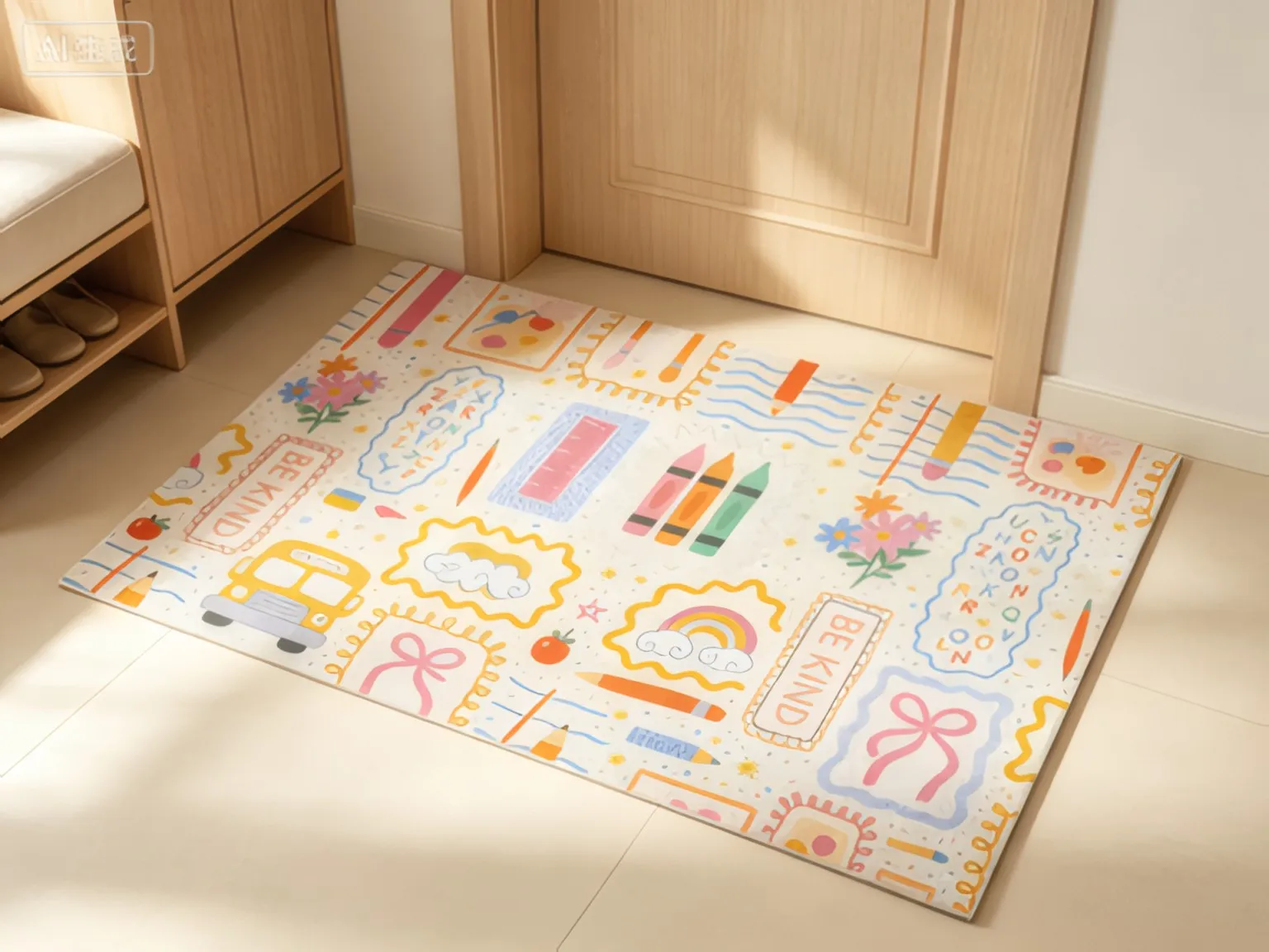 Cartoon Stationery Rainbow Pattern Area Rug, Fresh Hand‑Drawn Style Floor Mat, Home Decor for Living Room Study Leisure Space