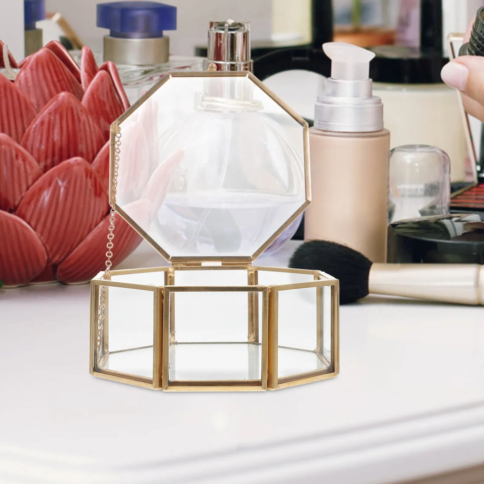 

Transparent Octagonal Jewelry Box Premium Alloy and Glass Construction Compact Geometric Display Box for Necklace Ring Earring