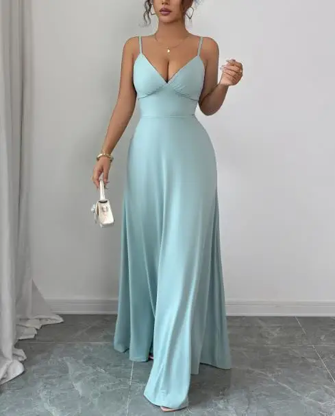

Women Sexy Slim Fit Deep V-Neck Waist Cinched Sleeveless Suspender Dress Summer Solid Color Elegant Temperament A-Line Dress